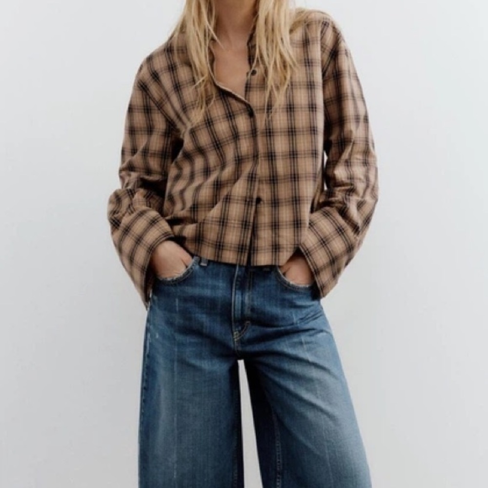 Zara Tan Plaid Button-Down Shirt